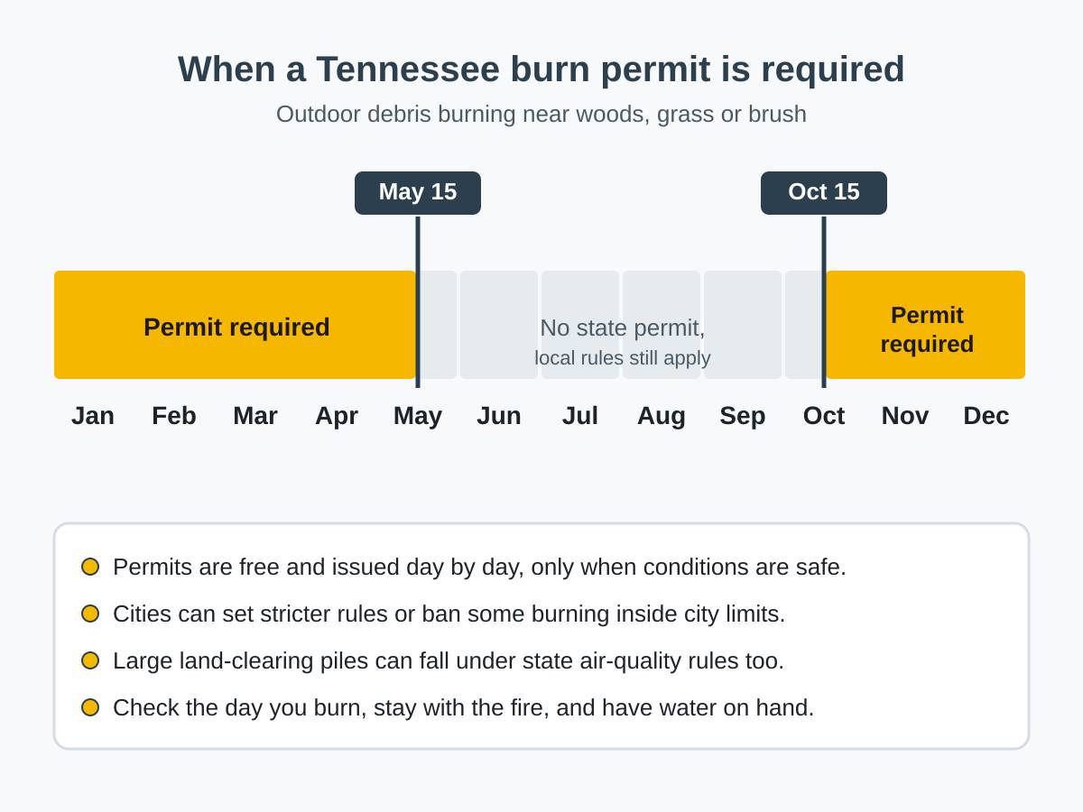 Calendar bar showing that a Tennessee burn permit is required from October 15 through May 15 for outdoor debris burning near woods, grass or brush, with notes that permits are free and issued only on safe days and that cities may set stricter rules.
