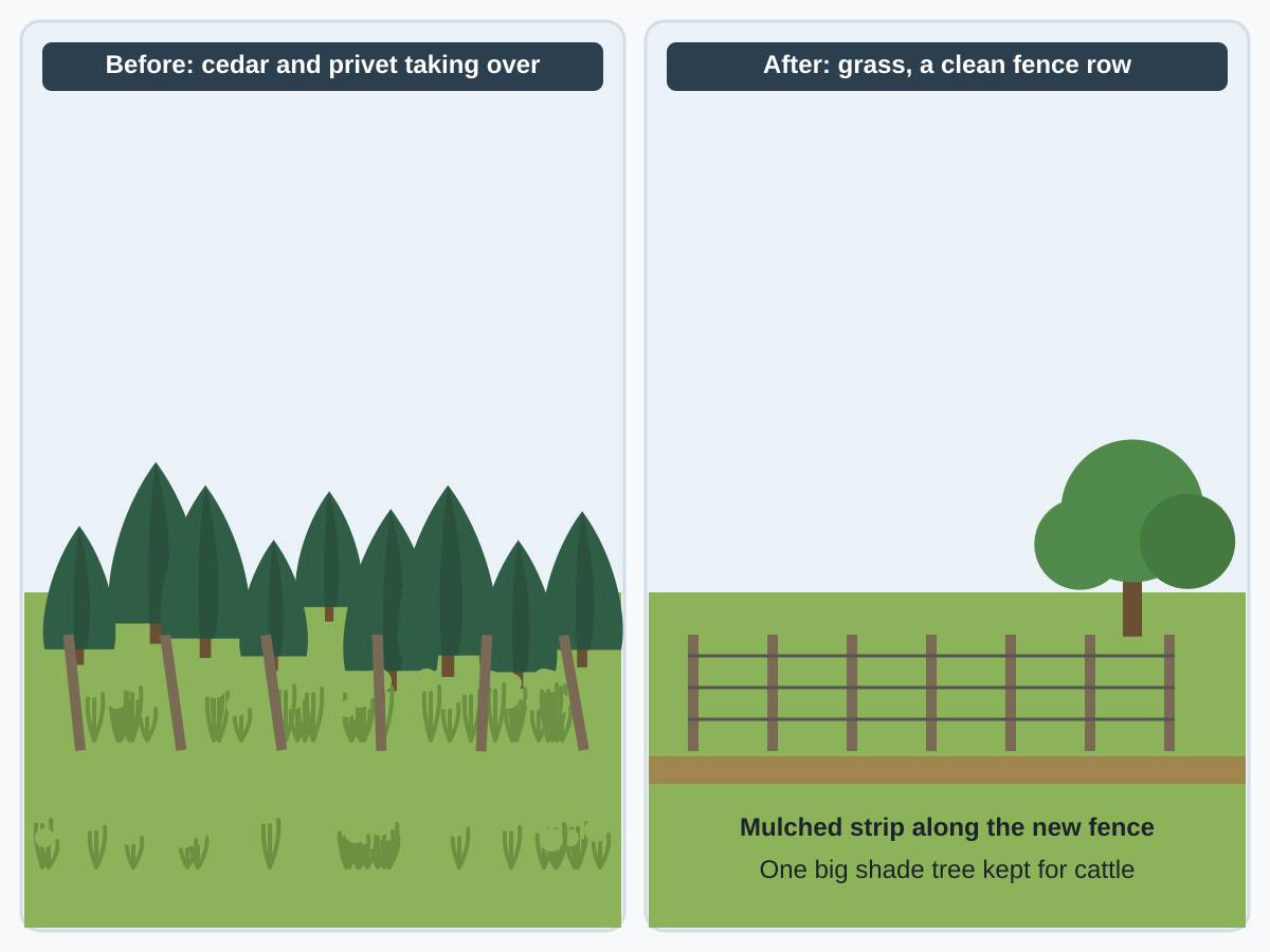 Before and after drawing of a pasture: on the left, cedars, brush and leaning fence posts have taken over the field; on the right, open grass, a straight new fence with a mulched strip along it, and one large shade tree kept for livestock.