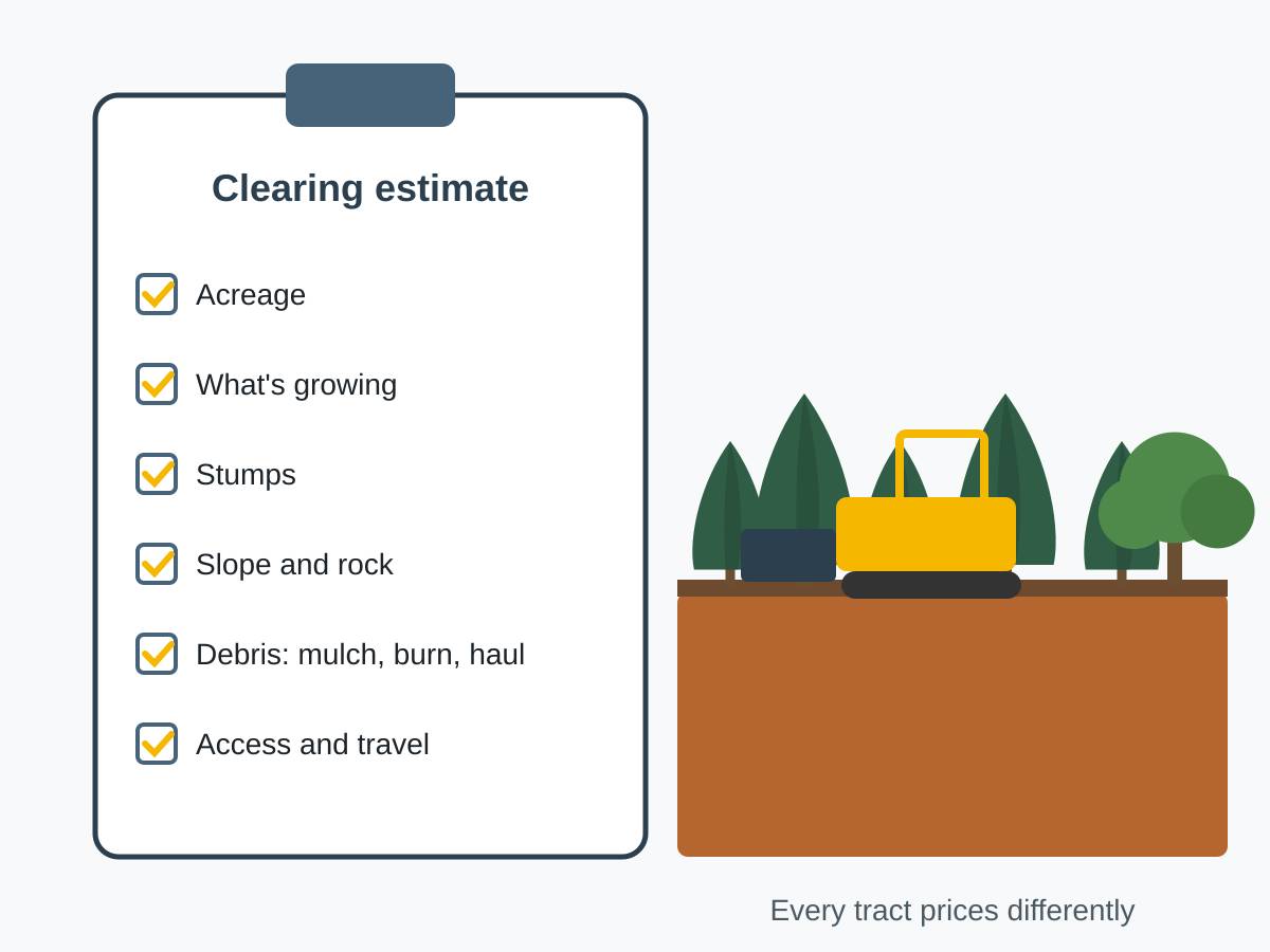 Drawing of a clipboard estimate listing acreage, what's growing, stumps, slope and rock, debris handling, and access and travel, beside a forestry mulcher working through cedars on red clay ground.