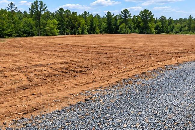 A freshly graded pad of bare reddish-brown soil with track marks, bordered by a strip of crushed gray gravel in the foreground and a line of tall trees behind it. Illustrative photo, not a Maury County site and not a contractor we refer.