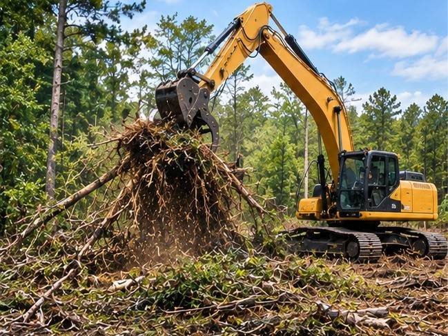 A yellow tracked excavator with a hydraulic grapple lifts a tangle of uprooted brush, soil still falling from the roots, on a partly cleared tract edged by tall trees. Illustrative photo, not a Maury County job and not a contractor we refer.