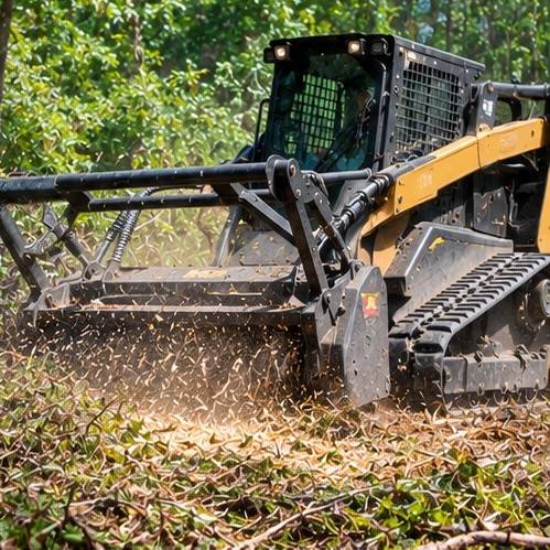 Close view of a tracked skid steer with a forestry mulcher head chewing through a thicket of green brush and vines at the edge of a hardwood woods, with wood chips spraying from under the drum. Illustrative photo, not a Maury County job and not a contractor we refer.