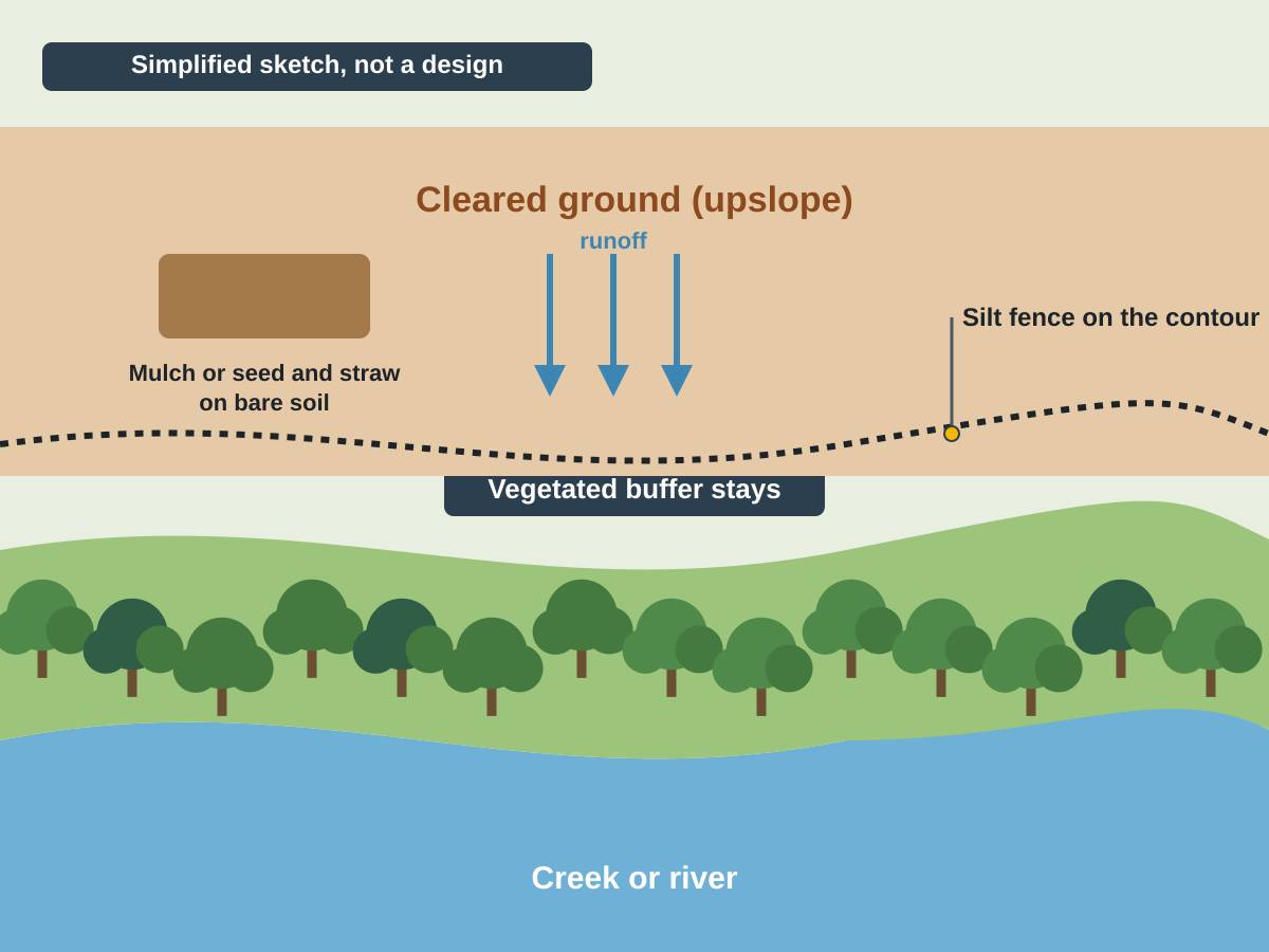 Simplified sketch of cleared ground above a creek: silt fence along the contour, mulch or seed and straw on bare soil, runoff arrows flowing downhill, and a vegetated buffer strip of trees left between the cleared area and the water.