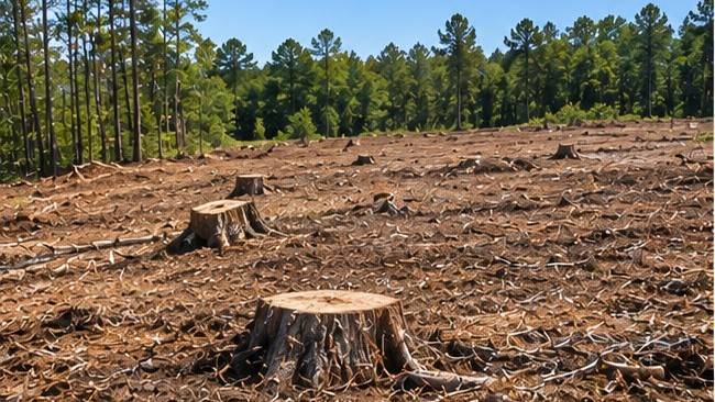 Wide view of a freshly cleared tract covered in chips and small debris, with two cut stumps in the foreground and a line of tall pines at the far edge under a clear sky. Illustrative photo, not a Maury County site and not a contractor we refer.